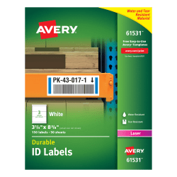 Avery® Permanent Durable ID Labels With TrueBlock®, 61531, Rectangle, 3-1/4" x 8-3/8", White, Pack Of 150