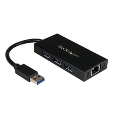 StarTech.com 3 Port Portable USB 3.0 Hub with Gigabit Ethernet Adapter NIC - Aluminum w/ Cable - Add 3 external USB 3.0 ports w/ UASP and a Gb Ethernet port to your laptop through one USB 3.0 port - 3 Port Portable USB 3.0 Hub w/ Gb Ethernet Adapter NIC