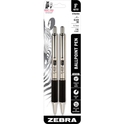 Zebra® Pen F-402 Stainless Steel Retractable Ballpoint Pens, Pack Of 2, Fine Point, 0.7 mm, Silver Barrel, Black Ink