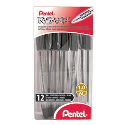 Pentel® R.S.V.P.® Ballpoint Pens, Medium Point, 1.0 mm, Clear Barrel, Black Ink, Pack Of 12
