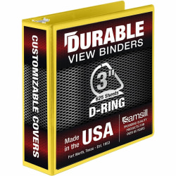 Samsill Durable Three-Ring View Binder - 3" Binder Capacity - 625 Sheet Capacity - 3 x D-Ring Fastener(s) - 2 Internal Pocket(s) - Polypropylene, Chipboard - Yellow - Recycled - Durable, PVC-free, Ink-transfer Resistant, Clear Overlay, Sturdy - 1 Each