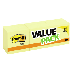 Post-it® Notes, 1800 Total Notes, Pack Of 18 Pads, 3 in x 3 in, Canary Yellow, 100 Notes Per Pad