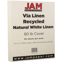 JAM Paper® Cover Card Stock, 8 1/2" x 11", 80 Lb, 30% Recycled, Strathmore Natural White Linen, Pack Of 50 Sheets