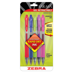 Zebra® Pen SARASA® Retractable Gel Pens, Pack Of 5, Medium Point, 0.7 mm, Assorted Colors