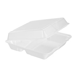Dart Carryout Food Containers, Foam-Hinged, 3 Compartments, 9 1/2" x 9 1/4" x 3", White, Pack Of 200