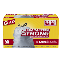 Glad® Kitchen Tall 0.9-Mil Drawstring Bags, 13 Gallons, White, 45 Bags Per Box, Case Of 6 Boxes