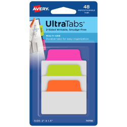Avery® Multiuse Ultra Tabs®, 2-Side Writable, 2" x 1.5", Neon Pink/Green/Orange, Pack Of 48 Repositionable Tabs