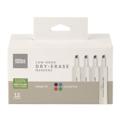 Office Depot® Brand Low-Odor Dry-Erase Markers, Chisel Point, 100% Recycled Plastic Barrel, Assorted Colors, Pack Of 12