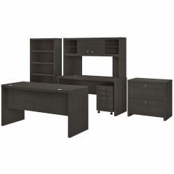 Bush Business Furniture Echo 60"W Bow-Front Computer Desk, Credenza With Hutch, Bookcase And File Cabinets, Charcoal Maple, Standard Delivery