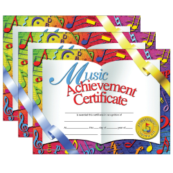Hayes Certificates, 8-1/2" x 11", Music Achievement, Rainbow, 30 Certificates Per Pack, Set Of 3 Packs