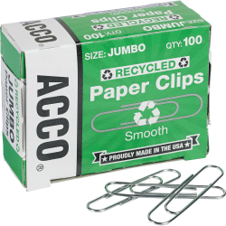 ACCO® Paper Clips, 1000 Total, Jumbo, 90% Recycled, Silver, 100 Per Pack, Box Of 10 Packs