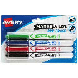 Avery® Marks A Lot® Dry Erase Markers, Bullet Tip, Pen-Style, Assorted Colors, Pack Of 4 Markers