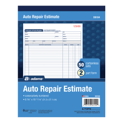 Adams® Auto Repair Estimate Books, 2-Part, 8 7/16" x 10 3/4", White/Canary, 50 Sets Per Book, 6 Books Per Carton