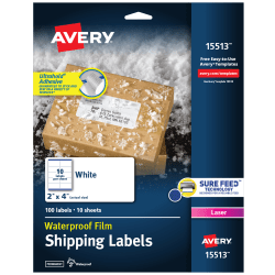 Avery® Waterproof Shipping Labels With Ultrahold® Permanent Adhesive, Rectangle, 2"x4", Matte White, Pack Of 100