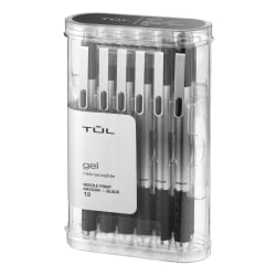TUL® GL Series Retractable Gel Pens, Needle Point, 0.7 mm, Silver Barrel, Black Ink, Pack Of 12 Pens