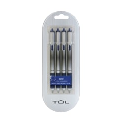 TUL® GL Series Retractable Gel Pens, Needle Point, 0.7 mm, Silver Barrel, Blue Ink, Pack Of 4 Pens