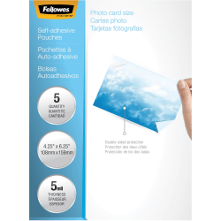Fellowes Self-Adhesive Pouches - Photo, 5mil, 5 pack - Laminating Pouch/Sheet Size: 6.25" Width x 5 mil Thickness - Type G - Glossy - for Document, Photo, Luggage Tag - Self-adhesive, Durable - Clear - 5 Pack