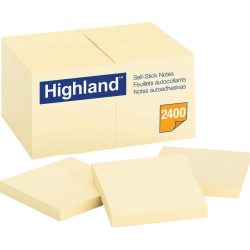 Highland Self-Sticking Note Pads, 3" x 3", Yellow, Pack of 24