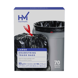 Highmark™ Large Drawstring Trash Bags, 33 Gallon, Black, Box Of 70 Bags
