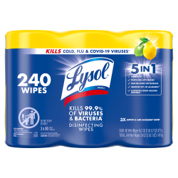 Lysol® Disinfecting Wipes, Lemon & Lime Blossom® Scent, 7" x 7.25", 80 Wipes Per Canister, Case Of 3 Canisters