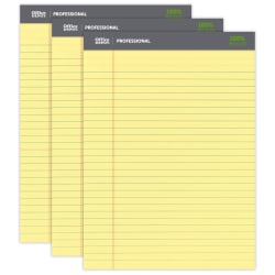 Office Depot® Brand Professional Writing Pads, 8 1/2" x 11 3/4", Legal/Wide Ruled, 50 Sheets, 100% Recycled, Canary, Pack Of 3