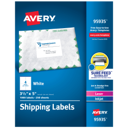 Avery® Shipping Labels, Sure Feed® Technology, Permanent Adhesive, 3-1/2" x 5", 1,000 Labels (95935)