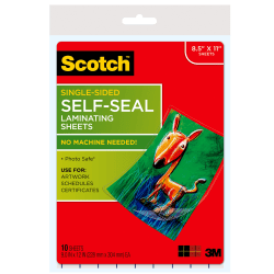 Scotch® Self-Seal Laminating Pouches, 8-1/2" x 11", Clear, Pack of 10 Laminating Sheets