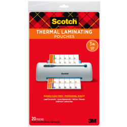 Scotch® Thermal Laminating Pouches TP3855-20, 8-1/2" x 14", Clear, Pack Of 20 Laminating Sheets