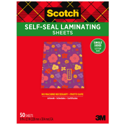Scotch™ Self-Seal Laminating Sheets, 8-1/2" x 11", Single Sided, Letter Size, Clear, 50 Sheets, LS854SS-50