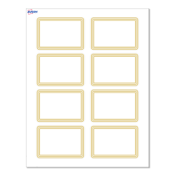Avery® Adhesive Name Badges, S00-EXZ-PRFNB10, Rectangle, 2-1/3" x 3-3/8", Matte White, Preprinted Multi-Lined Gold Border Design, Pack Of 80