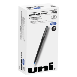 uni-ball® Rollerball™ Pens, Fine Point, 0.7 mm, 80% Recycled, Black Barrel, Blue Ink, Pack Of 12 Pens