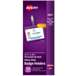 Avery® Secure Top Badge Holders, For 2 1/4" x 3 1/2" Badge, Landscape With Clip, Clear, Box Of 50