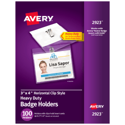 Avery® Heavy Duty Horizontal ID Badge Holders With Clips, 3" x 4", Clear, Box Of 100