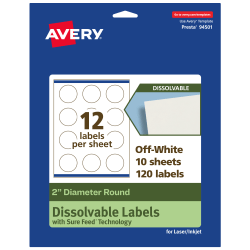 Avery® Print-to-the-Edge Dissolvable Labels With Sure Feed® Technology, 94501-DWMP10, Round, 2", Matte Off-White, Pack Of 120