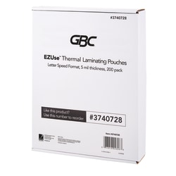 GBC® EZUse™ Thermal Laminating Speed Pouches, 5 mils, 8 1/2" x 11", Clear, Pack Of 200, 3740728