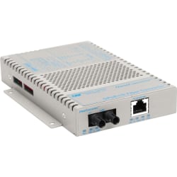 Omnitron OmniConverter 10/100/1000 PoE+ Gigabit Ethernet Fiber Media Converter Switch RJ45 ST Multimode 550m Wide Temp - 1 x 10/100/1000BASE-T; 1 x 1000BASE-SX; US AC Powered; Lifetime Warranty