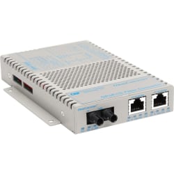 Omnitron OmniConverter 10/100/1000 PoE+ Gigabit Ethernet Fiber Media Converter Switch RJ45 ST Single-Mode 12km Wide Temp - 2 x 10/100/1000BASE-T; 1 x 1000BASE-LX; US AC Powered; Lifetime Warranty