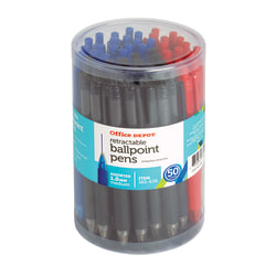 Office Depot® Brand Retractable Ballpoint Pens With Grips, Medium Point, 1.0 mm, Black/Blue/Red Barrels, Black/Blue/Red Inks, Pack Of 50 Pens
