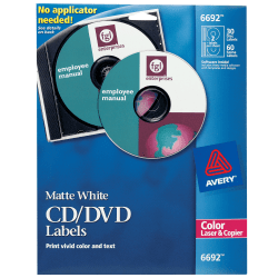 Avery® CD/DVD Print-to-the-Edge Labels, 6692, Round, 4.65" Diameter, White, 30 Disc Labels And 60 Spine Labels
