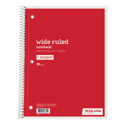 Just Basics® Spiral Notebook, 8" x 10-1/2", Wide Ruled, 70 Sheets, Red