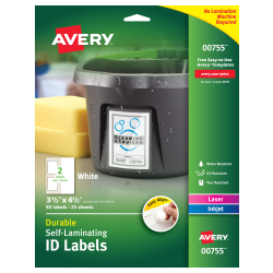Avery® Easy Align® Self-Laminating ID Labels, 00755, Rectangle, 3-1/2" x 4-1/2", White, Pack of 50