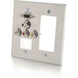 C2G VGA, 3.5mm Audio, Composite Video and RCA Stereo Audio Pass Through Double Gang Wall Plate with One Decorative Style Cutout and One Keystone - Brushed Aluminum - Mounting plate - HD-15, RCA X 3, mini-phone stereo 3.5 mm - brushed aluminum - 2-gang