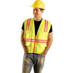 R3 Safety Non ANSI Contractor Style Solid Vests, Large, Hi Viz Yellow; Orange Trim