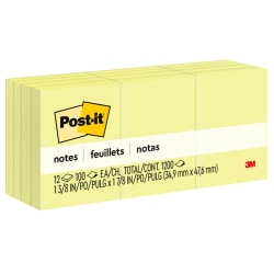 Post-it Notes, 1 3/8 in x 1 7/8 in, 12 Pads, 100 Sheets/Pad, Clean Removal, Canary Yellow