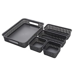 Realspace® Plastic Weave Bin Set, Assorted Sizes, Black, Pack Of 5