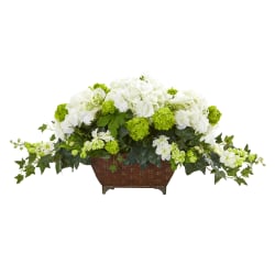 Nearly Natural Hydrangea And Ivy 15-1/2"H Artificial Floral Arrangement With Metal Planter, 15-1/2"H x 35"W x 17"D, White