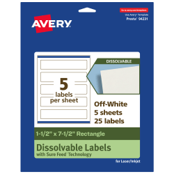 Avery® Print-to-the-Edge Dissolvable Labels With Sure Feed® Technology, 94231-DWMP5, Rectangle, 1-1/2"x7-1/2", Matte Off-White, Pack Of 25