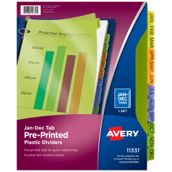 Avery® Preprinted Tab Plastic Dividers, 8 1/2" x 11", Jan-Dec Tabs, Multicolor, Set Of 12