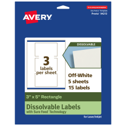 Avery® Print-to-the-Edge Dissolvable Labels With Sure Feed® Technology, 94213-DWMP5, Rectangle, 3"x5", Matte Off-White, Pack Of 15