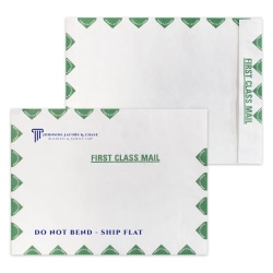 Custom 1-Color, Zip Stick® DuPont™ Tyvek® White Mailing Envelopes With Green First Class Border, 9" x 12", Open End, Box of 500